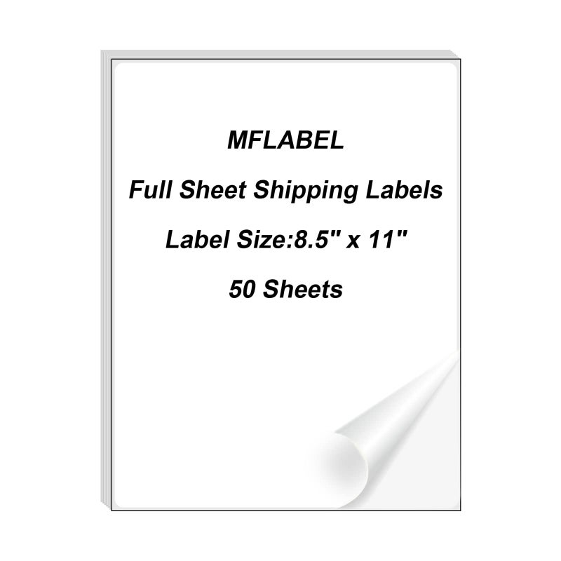 MFLABEL ورق ملصقات كامل MFLABEL - 50 ورقة 8.5" x 11" فينيل مطبوع أبيض غير لامع لطابعات الحبر وطابعات الليزر | لاصق دائم لملصقات الشحن، ملصقات العناوين، الحرف اليدوية، والتغليف - Image 1